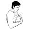 Man with a child. Logo of the young father with the baby in his hands. A black white illustration of a father hugging