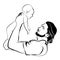 Man with a child. Logo of the young father with the baby in his hands. A black white illustration of a father hugging