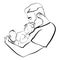 Man with a child. Logo of the young father with the baby in his hands. A black white illustration of a father hugging