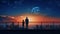 man and child standing on roof terrace and watch starry sky and moon and city blurred light on horizon