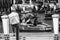 Man and child take a break from driving a dodgem car at the fair. Velez Malaga, Spain.