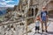 A man with a child with a view of the cave city of Vardzia. Cave monastery in South Georgia, April 2019 Georgia