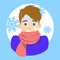 Man with a chill. Symptom of disease. Guy feel cold and shiver