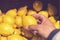 Man choosing fresh lemons in supermarket. Man`s hand takes a fresh lemon from the food shelf. Organic products. Vegetables and
