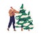 Man choosing live Xmas fir tree for Christmas at fair, market outdoors, preparing for winter holiday. Happy New Year
