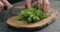 Man chopping frisee salad leaves on olive board