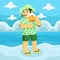 Man with cigarette and beer on hand at the beach. summer character  illustration