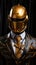 Man in classical suit and colorful helmet, robotic concept. AI Generative