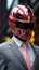 Man in classical suit and colorful helmet, robotic concept. AI Generative