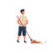 Man cleaning fallen leaves flat vector illustration. Young rancher, farm worker cartoon character. Farmer holding garden