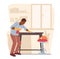 Man Cleaning Furniture with Duster and Water Sprayer, Wiping Table at Home during Weekend. Male Character Housework