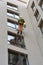 A man cleaning mirror window on a high rise building.Climber on job as Professional windows cleaner