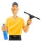 Man cleaning window squeegee spray