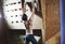 Man climber climbs indoors