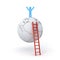 Man climbing ladder to standing with arms wide open on top of the world the business goal concept