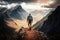 man, climbing toward the summit of rocky mountain peak, with view of lush valley below