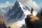 man, climbing toward the summit of rocky mountain peak, with view of lush valley below