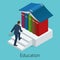 A man climbs the stairs to knowledge. Books are the source of knowledge. Training concept. Vector isometric illustration