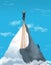 A man climbs to a mountain peak in this 3-D image then goes even higher using a ladder.