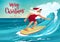 Man in clothes of Santa Claus surfing on the wave in tropical ocean. Merry Christmas hand lettering. Vacation, resort