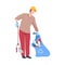 Man Collecting Trash into Bag with Eco Friendly Tool, Male Volunteer Picking Garbage Outdoors Vector Illustration