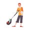 Man collects trash on scoop with long handle flat vector illustration isolated.