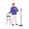 Man comedian with microphone performing stand-up comedy. Comic with mic telling humor and fun stories at open mike