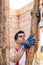 Man constructing wooden ceiling