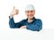 Man in a construction helmet shows gesture OK