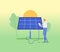 Man controls solar panels. Concept of eco friendly lifestyle, renewable energy, clean energy, solar panel, alternative resource,