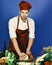 Man in cook hat and apron cuts cabbage. Cook works in kitchen near table with vegetables and tools