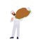 Man cook master chef cartoon character wearing uniform holding barbeque hen or roasted turkey