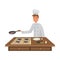 Man cook in special uniform cooking fried eggs vector illustration
