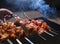 Man cooking marinated shashlik, lamb meat grilling on metal skewer, blue smoke, close up. Defocused