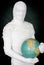 Man in costume mummy and terrestrial globe