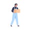 Man courier carrying carton box. Loader going, holding cardboard. Mover in uniform from delivery and relocation service