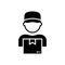 Man Courier Deliver Package Silhouette Icon. Delivery Worker Holding Parcel Box with Products in Hand Glyph Pictogram