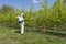 Man in Coveralls With Gas Mask Spraying Orchard in Springtime. Farmer in Personal Protective Equipment Spraying Orchard.