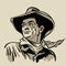 Man with cowboy hat and shirt and scarf. Western. Digital Sketch Hand Drawing Vector. Illustration.