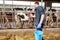 Man with cows and bucket in cowshed on dairy farm