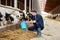 Man with cows and bucket in cowshed on dairy farm