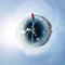 Man on cracks on blue ice of Lake Baikal from Olkhon. Spherical 360 panorama little planet