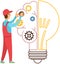 Man creates new idea. Light bulb with gears. Creation of solution, development of creative thinking
