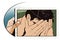 Man cries, closing his face hands. Stock illustration.