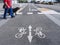 Man crossing street with dog Disability pedestrian ground with Bike lane urban Traffic signage