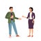 A man with a cup of coffee and a woman in a suit are talking. Working or friendly meeting. Happy people communicate and