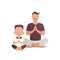 A man with a cute baby is sitting doing meditation. Isolated. Cartoon style.