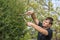 Man cuts off the branches of a coniferous tree, forming a crown, at their summer cottage