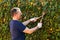 A man cutting a bush with gardener scissors