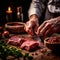 Man is cutting meat on wooden table. He has been chopping up some beef and pork for cooking or preparation purposes